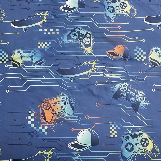 Chezmoi Collection 3-Piece Boys Twin Bedding Sets Sports Soft Microfiber Blue Orange Multi-Color Video Games Controller Skateboard Kids Comforter Set Twin Size