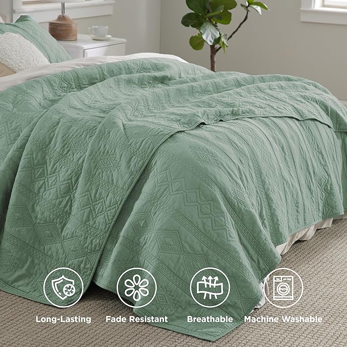 Bedsure 100% Cotton Quilt Set - Lightweight King Bedspread, Sage Green Cozy Bedding Coverlet 3-Piece with Pillow Shams in Geometric Pattern for All Season, 106x96 inches, 100% Cotton Voile