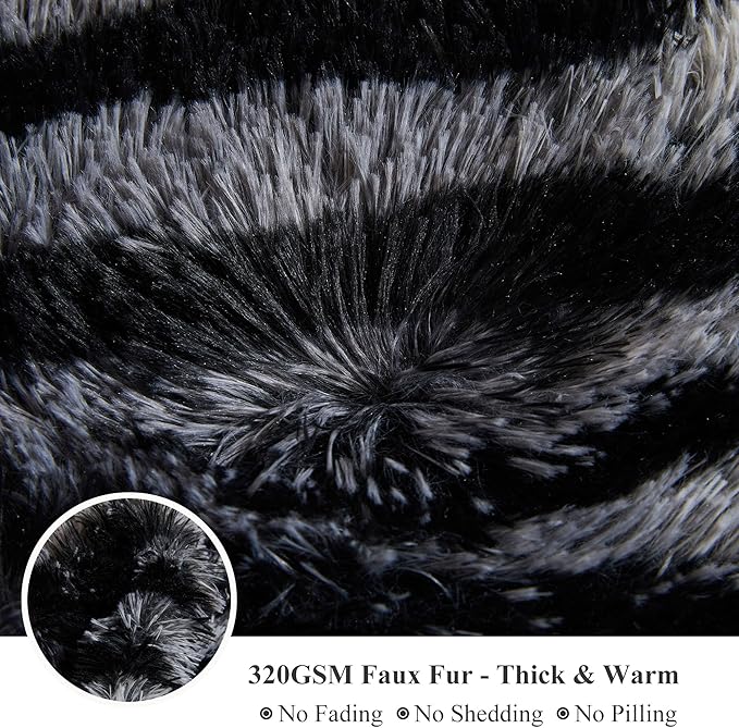 XeGe Zebra Print Fluffy Faux Fur Duvet Cover Set, 3 Pieces Soft Plush Shaggy Fuzzy Bedding Set(1 Farmhouse Striped Comforter Cover + 2 Furry Pillowcases), Zipper Closure(Queen, Black and Grey)