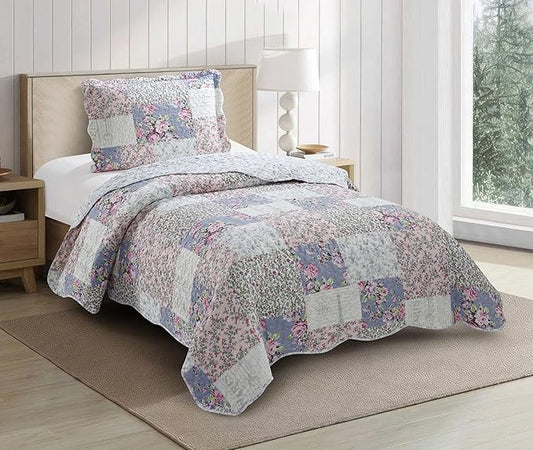 Brilliant Sunshine Roses Toile Quilt Set, 2-Piece Bedding Sets, Traditional Lively Patchwork Design, Washable and Reversible Bedspread, Soft Lightweight Coverlet, All-Season, Twin/Twin XL, Blue Pink