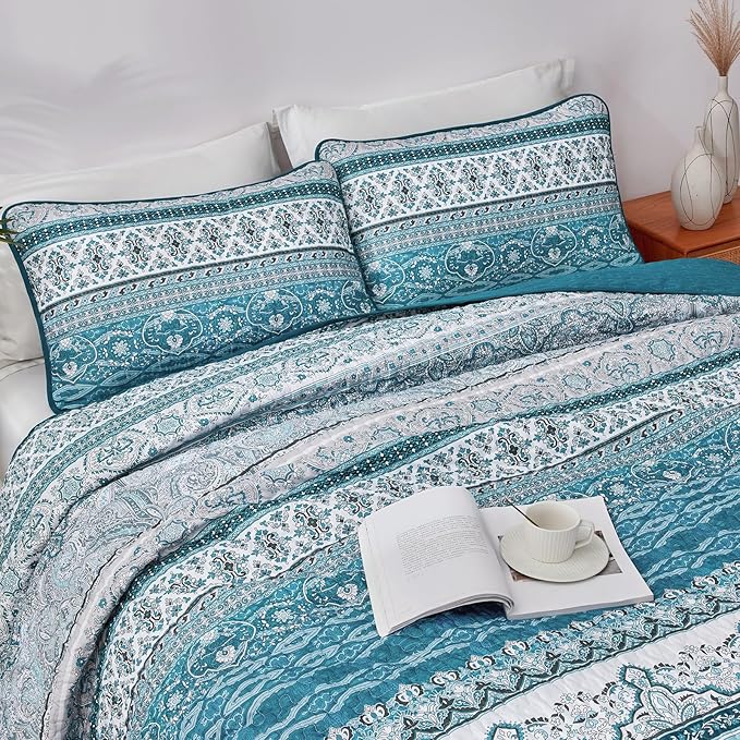 WONGS BEDDING Boho King Quilt Set, Teal and Blue Bohemian Quilt Bedding Set, Lightweight Bed Decor Bedspread for All Season Reversible Microfiber Coverlet Bedding Set 103"x90"(3 Pieces)