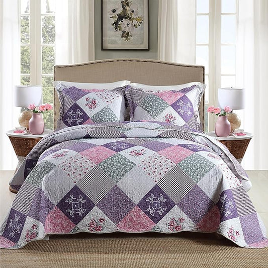 HoneiLife Quilt Set King Size - 3 Piece Microfiber Quilts Reversible Bedspreads Patchwork Coverlets Floral Bedding Set All Season Quilts-Little Rose,Purple
