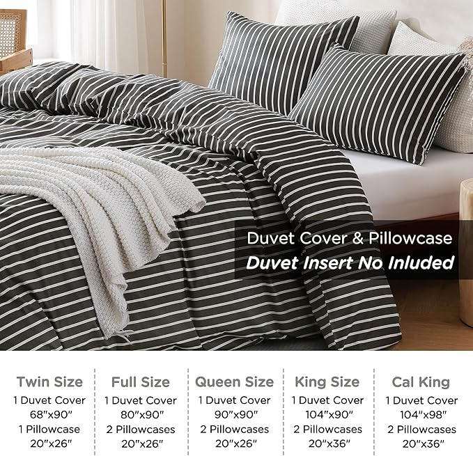 TOCOMOA Striped Duvet Cover Set 100% Natural Cotton Soft Comfy Breathable 3 Piece Black and White Pattern Printed Comforter Cover Bedding Set (Queen 90"x90", Comforter Not Included)