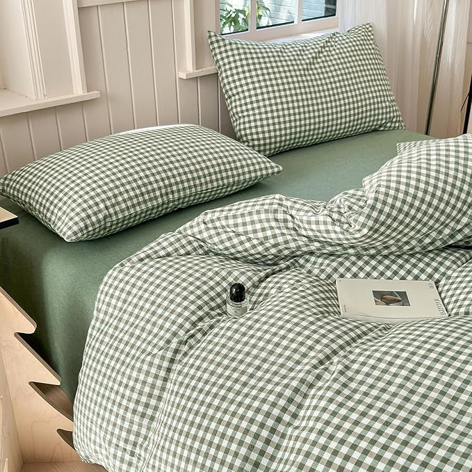 LifeTB Green Gingham Duvet Cover King Boho Green Grid Plaid Duvet Cover 100% Washed Cotton Checkered Comforter Cover with 2 Pillowcases Farmhouse Plaid Comforter Cover Gingham Bedding Set