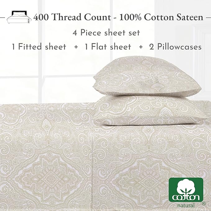 California Design Den Queen Sheet Set - 400 Thread Count Sateen, Deep Pocket Natural 100% Cotton Sheets, Deep Pocket and Durable Bedding - Paisley Pattern, Beige