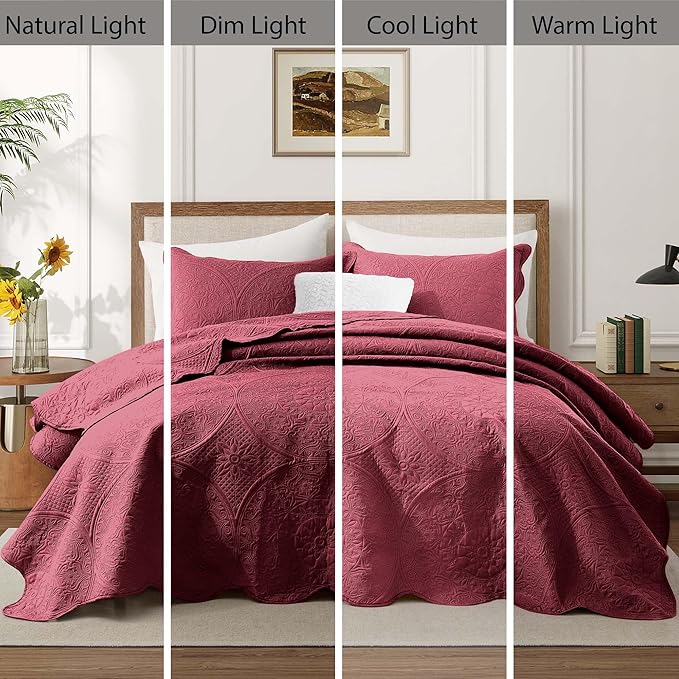 IR Imperial Rooms 8 Pack California King Quilt Bedding Set (118"x106") - Bulk Wholesale for Hotels, Guest Bedroom & Airbnbs - Microfiber Reversible Floral Embossed Quilts Bedspreads (Burgundy)