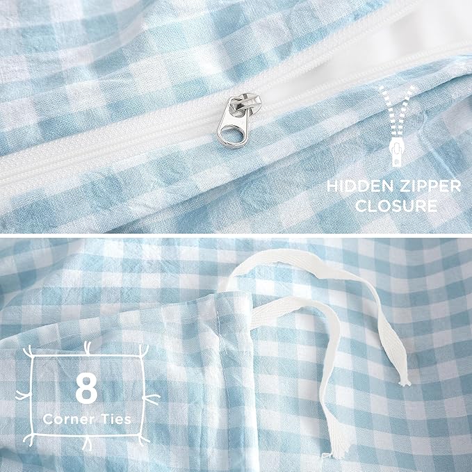 TOCOMOA Light Blue Gingham Duvet Cover Bedding Set 100% Washed Cotton Like Linen Feel Super Soft Comfy 3 Piece Vintage Plaid Checkered Comforter Cover Set (King 104"x90", Comforter Not Included)