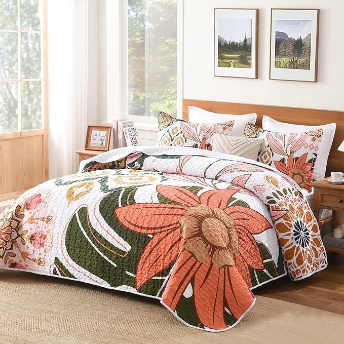 Andency Floral Boho Super King Quilt Bedding Set Pink, 3 Pieces Farmhouse Flower Botanical Bedspreads with 2 Shams, Soft Reversible Lightweight Microfiber Coverlet Set for All Season, 120"x120"