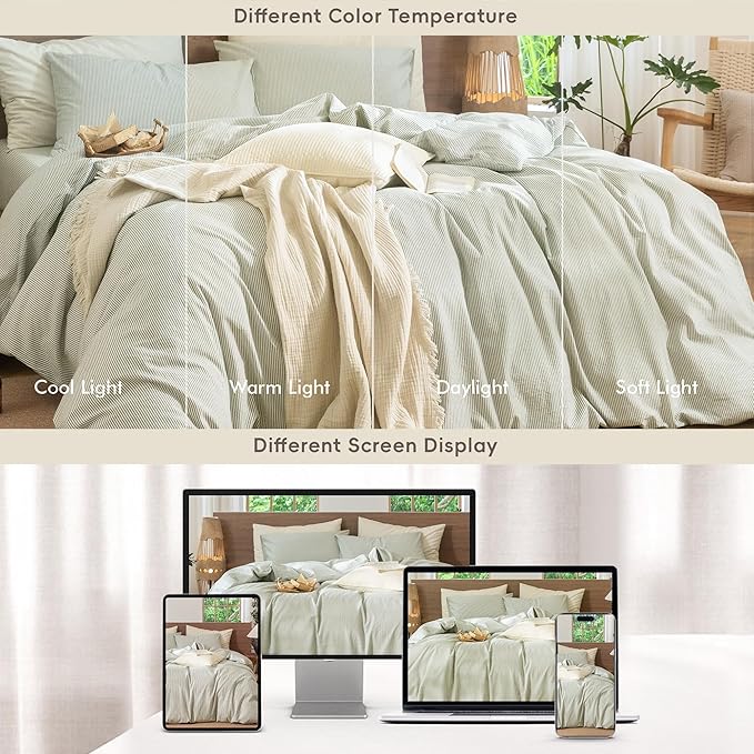 MooMee Striped Duvet Cover Set 100% Washed Cotton Linen Like Textured Breathable Durable Soft Comfy (Sage Green White Pinstripes, Oversized Queen 98"x98")