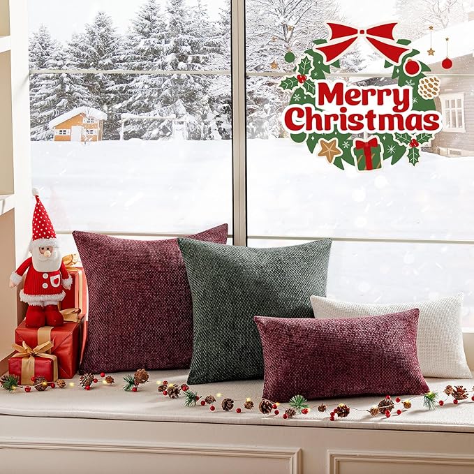 a moment Christmas Wine Red Chenille Throw Pillow Covers 20x20 Inch Pack of 2 Modern Decorative Throw Pillow Covers Farmhouse Cross Covers Home Decor for Sofa Bedroom Living Room