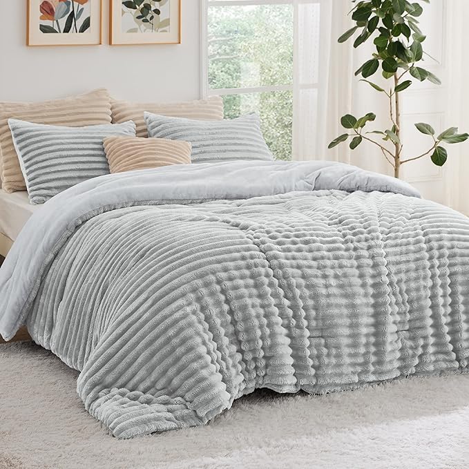 Bedsure Twin/Twin XL Comforter Set - GentleSoft™ 2 Pieces Fluffy Double-Side Fleece Comforter Set, Cozy Striped Room Decor Aesthetic, Luxury Light Grey Twin Bedding with 1 Pillowcase, 68x88 Inches
