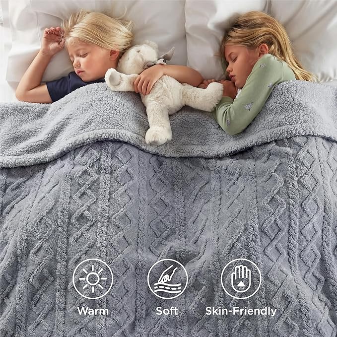Bedsure Sherpa Queen Size Blanket for Bed - Fleece Soft Fluffy & Cozy Cable Jacquard Tufted Throw Blankets for Women Gift, Thick Warm for Winter and All Seasons, Grey, 90x90 Inches