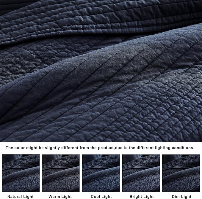palassio Striped Navy Blue 100% Cotton Quilt Twin Size Bedding Sets, Lightweight Crinkly Channel Pick Stitch Textured Bedspread Soft Shabby Chic Farmhouse Country Coverlet for All Season, 1 Sham