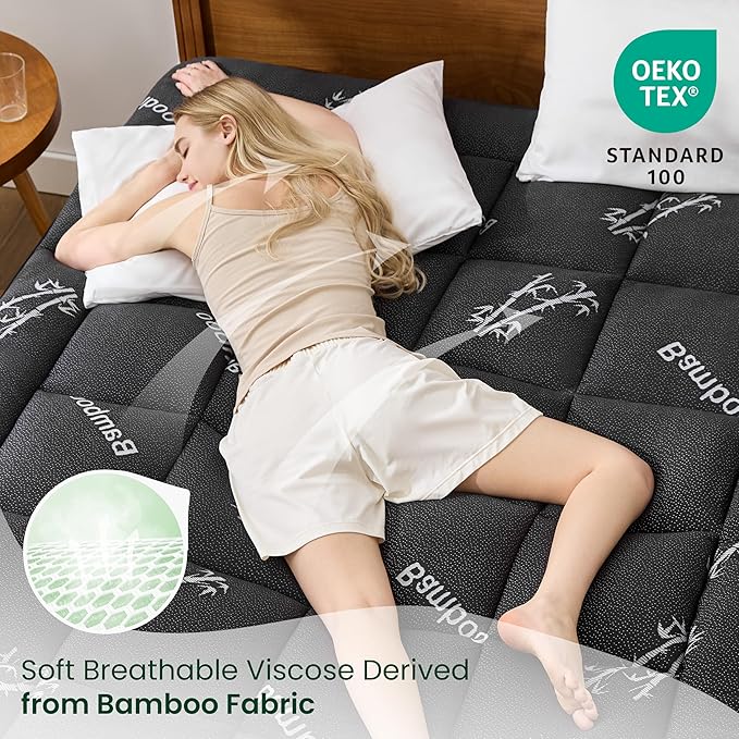 Love's cabin King Mattress Topper Viscose Derived from Bamboo, Thick Pillow Top Mattress Pad with Stretchable Pockets for 8"-20" Mattress, Breathable Cooling Mattress Topper for Hot Sleepers, Black