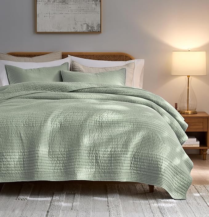 PALASSIO Striped Sage Green 100% Cotton Quilt California Cal King Size Bedding Set, Oversized Lightweight Channel Pick Stitch Textured Bedspread Soft Farmhouse Country Coverlet for All Season, 2 Shams