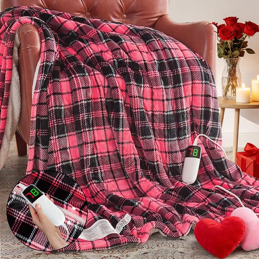OCTROT Heated Blanket Electric, Twin Size 62X84, Heating Blanket with 10 Heating Levels & 8 Hours Auto Off, Pink Plaid Checkered Plaid Sherpa Blankets Warmer for Adults, Fast Heating Washable