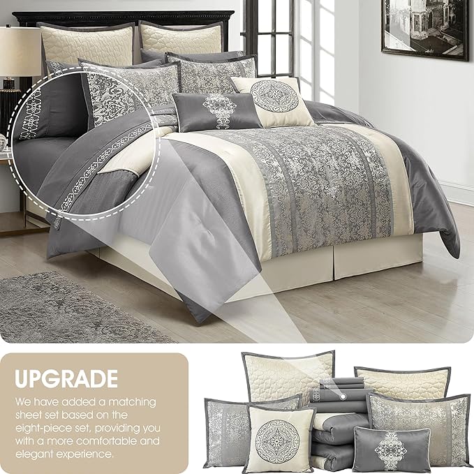 Grand Avenue Silver & Ivory Comforter Set King Size, Classic Jacquard Bedding Sets, Faux Silk, Premium Microfiber, 12 Pieces Bed in a Bag, Matching Fitted Sheet, Flat Sheet