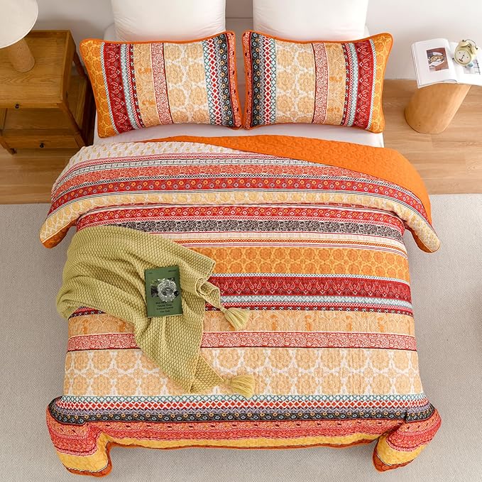 WONGS BEDDING Boho Stripe Quilt Set Queen Size, 3 Pieces Orange Bohemian Quilt Sets, Lightweight Soft Microfiber Bedspread Coverlet Bedding Set for All Season (96"x90")