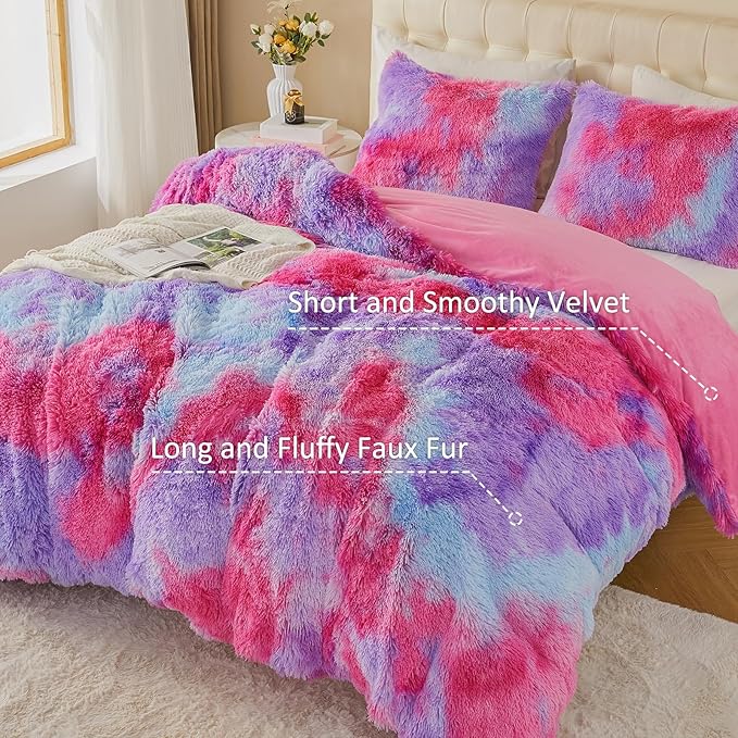 EMME Luxury Fuzzy Duvet Cover Set King Size Fluffy Comforter Cover Set for King Bed 2 Pieces Shaggy and Plush Soft Bedding Duvet Covers (Rainbow Pink Purple, King)