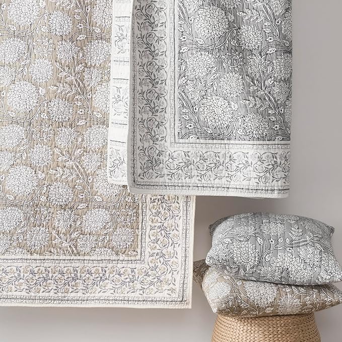 Levtex Home Adare Grey Reversible Full/Queen Quilt Set (88x92in) with 2 Pillow Shams (26x20in) - Floral Bedding - Grey White - Cotton Full/Queen Size Quilt Bedding Set - Lightweight, Soft, Pre-Washed
