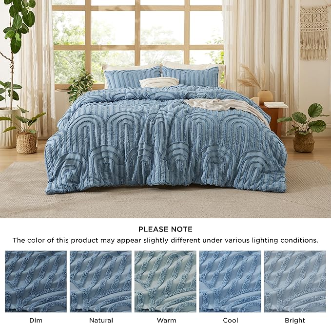 Bedsure Boho Tufted Blue Comforter Set Queen Size, GentleSoft™ 3 Pieces Boho Farmhouse Decor Bedding, Arch Shabby Chic Bedding for All Seasons, 1 Bed Comforter, 2 Pillow Shams, 90x90 Inches
