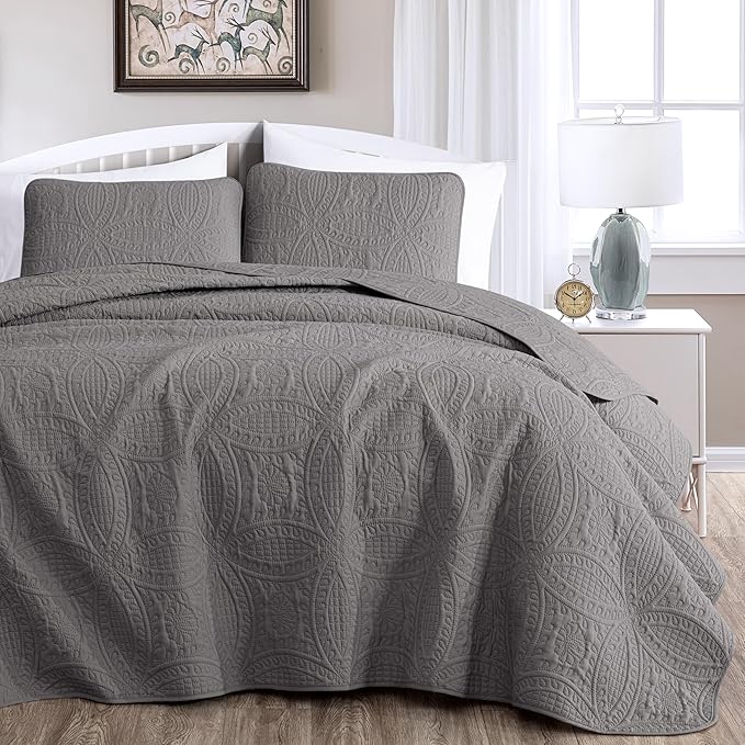 Chezmoi Collection Austin 3-Piece Oversized Bedspread Coverlet Set (Queen, Gray)