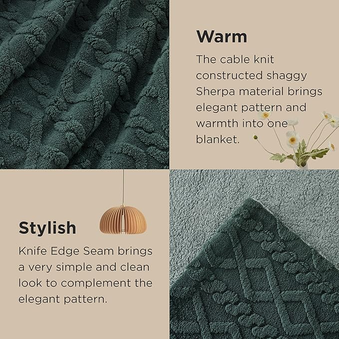Bedsure Gentlesoft Sherpa Queen Size Blanket for Bed - Fleece Fluffy & Cozy Cable Jacquard Tufted for Women Gift, Thick and Warm Christmas Blanket for Winter, Dark Green, 90x90 Inches