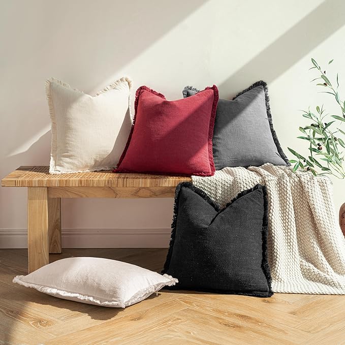 MIULEE Decorative Throw Pillow Covers Neutral Linen Fringe Throw Pillows Euro Shams Set of 2 Burgundy Boho Farmhouse Cushion Covers for Couch Sofa Bed Living Room Home Decor 24x24 Inch
