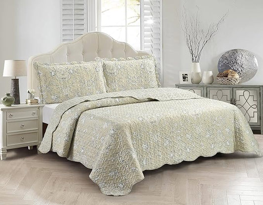 Brilliant Sunshine Classic Grey Floral Toile in Beige Background, 3-Piece Quilt Set with 2 Shams, Reversible Bedspread, Soft Lightweight Coverlet, All-Season, King, Beige