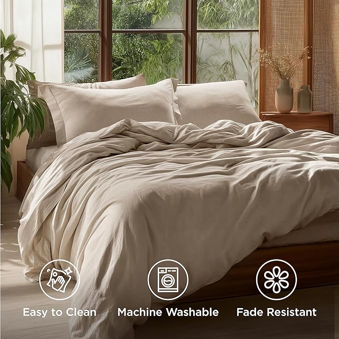 Bedsure 100% Washed Cotton Duvet Cover Queen Size - Frosted Almond Minimalist Cotton Duvet Cover Linen Like for All Seasons - GentleSoft™ Plain Simple Bedding, Frosted Almond, Queen, 90"x90"