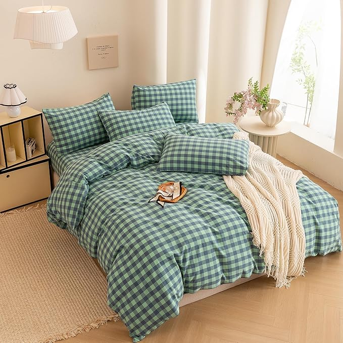 ECOCOTT Grid Plaid Duvet Cover King Size -100% Washed Cotton Linen Like Textured Breathable Durable Soft Comfy Bedding Set Mini Green Blue Plaid