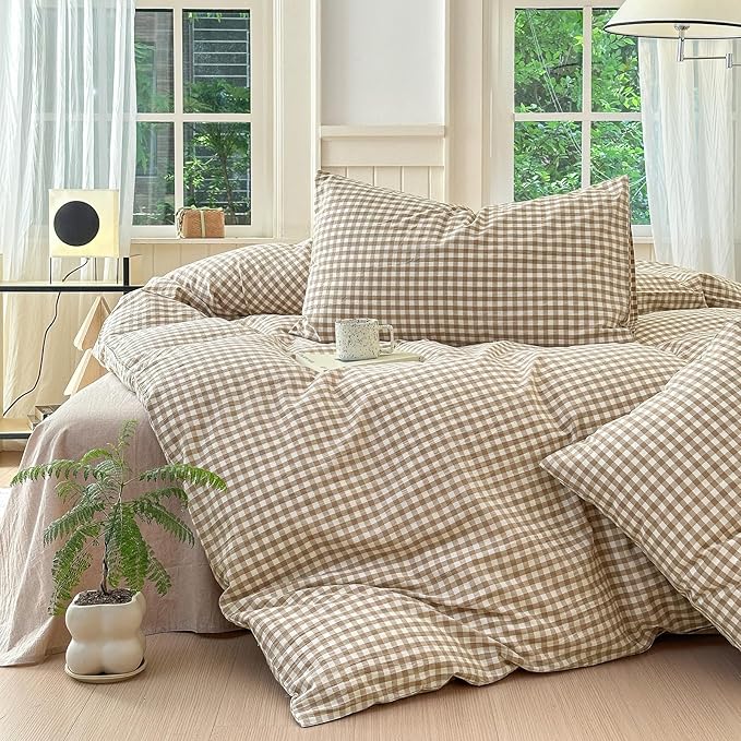 LifeTB Tan Gingham Duvet Cover Twin XL 100% Washed Cotton Beige Taupe Plaid Duvet Cover 3 Pieces Checkered Grid Comforter Cover with Zipper Ties Luxury Soft Breathable Gingham Bedding Set