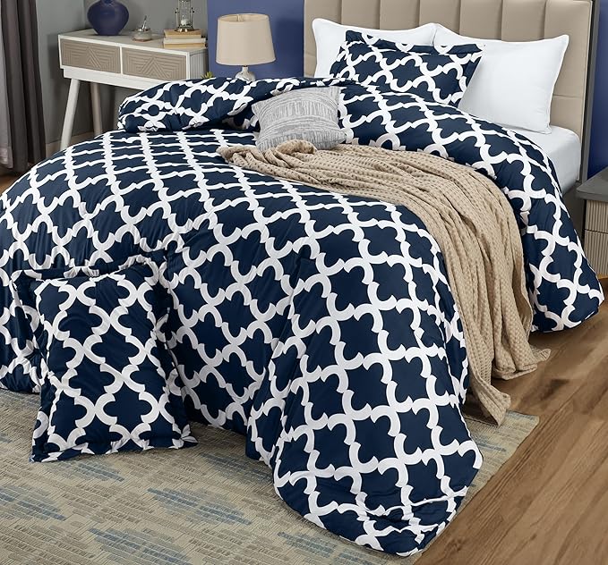 Printed Comforter Set (Queen, Navy) with 2 Pillow Shams - Luxurious Soft Brushed Microfiber - Goose Down Alternative Comforter by Utopia Bedding