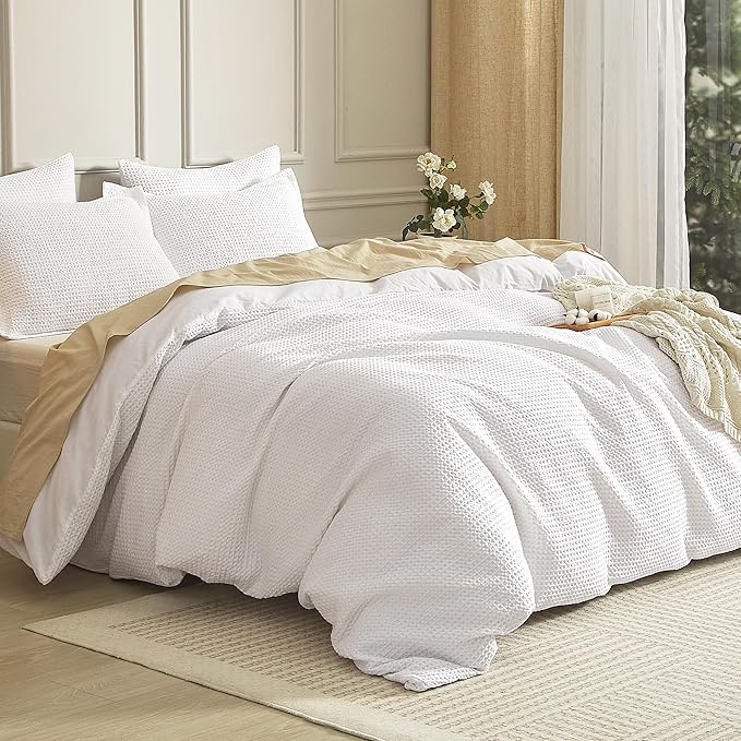 SE SOFTEXLY Waffle Duvet Cover King, 100% Cotton Waffle Weave Bedding Duvet Cover Set, Soft and Breathable Comforter Cover for All Season, 3 Pieces Including Pillow Shams（White, 104”x90”）