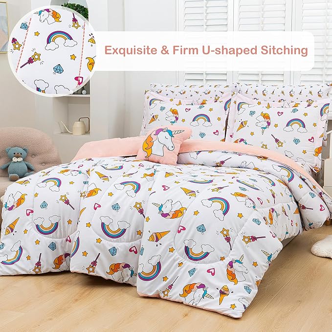 Mooreeke Bed in a Bag for Kids Girls Teens, 8 Pieces Full Size Comforter Bed Set with Shams, Sheet Set and Decorative Toy Pillow, Unicorn Rainbow Super Soft Microfiber Kids Bedding Set