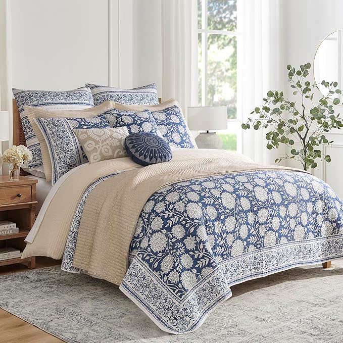 Levtex Home Adare Denim Reversible Twin/Twin XL Quilt Set (68x86in) with 1 Pillow Sham (26x20in) - Floral Bedding - Blue White - Cotton Twin Size Quilt Bedding Set - Lightweight, Soft, Pre-Washed