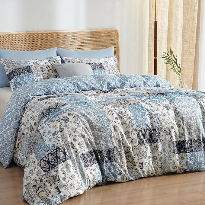 PHF Ultra Soft Floral Duvet Cover Twin Size, Printed boho Bedding Set 2 Pieces, Comfy Farmhouse Reversible Paisley Pattern Duvet Cover Set with 1 Pillow Shams, Zipper Closure and 6 Ties, 68"x90", Blue