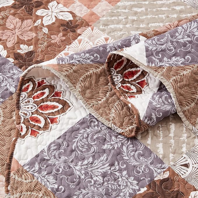 LEAONME 2 Pieces Twin Size Quilt Set Lightweight Brown Floral Bedspread 68x86 Inch Soft Patchwork Coverlet Warm Microfiber Bed Cover for All Seasons (1 Quilt,1 Pillow Sham)