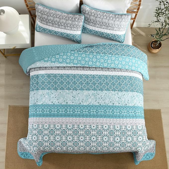 WONGS BEDDING Boho Quilt Set Full Size,Teal Bohemian Striped Patchwork Bedspread Set,3 Pieces Microfiber Bedding Set for All Seasons (78"x90")