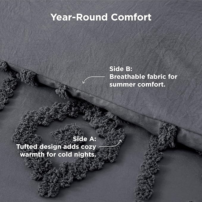 Bedsure Boho Tufted Grey Comforter King Size, GentleSoft™ 3 Pieces Boho Farmhouse Decor Bedding, Exquisite Shabby Chic Bedding for All Seasons, 1 Bed Comforter, 2 Pillow Shams, 104x90 Inches