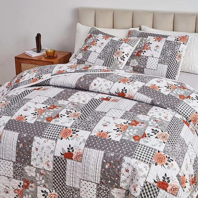 Patchwork Quilt Set Twin Size, 2 Pieces Grey White Floral Plaid Design Summer Bedspread Coverlet Set, Soft Microfiber Reversible Lightweight Bed Cover for Kids (68" x 86", 1 Quilt+ 1 Pillow Sham)