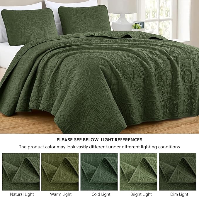 Chezmoi Collection Austin Queen Oversized Bedspread Set, 3-Piece Pinsonic Quilted Lightweight Microfiber Bedspread Coverlet, Olive Green