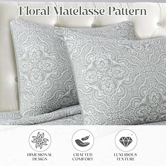 Superior 3 Piece Bedspread Set, Home Bed Decor, Decorative Bed Spread, 2 Pillow Shams, Medium Weight Blanket, Floral Matelasse Coverlet, Bedding Essentials, Enzy Collection, California King, Sage