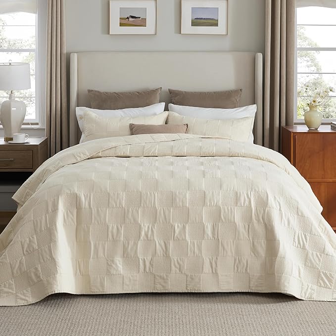 Bedsure 100% Cotton Quilt Set - Lightweight King Bedspread, Cozy Beige Bedding Coverlet 3-Piece with Pillow Shams in Checker Pattern for All Season, 106x96 inches, 100% Cotton Voile