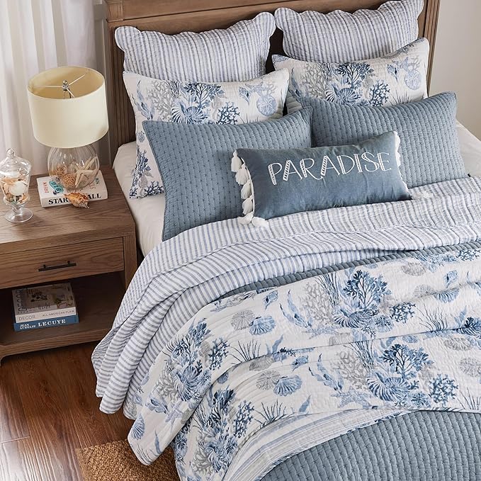 Levtex Home - Cross Stitch Chambray Quilt Set - Full/Queen Quilt + Two Standard Pillow Shams - Cross Stitched Pattern - Quilt Size (88x92in) and Pillow Sham Size (26x20in) - Reversible - Cotton Fabric