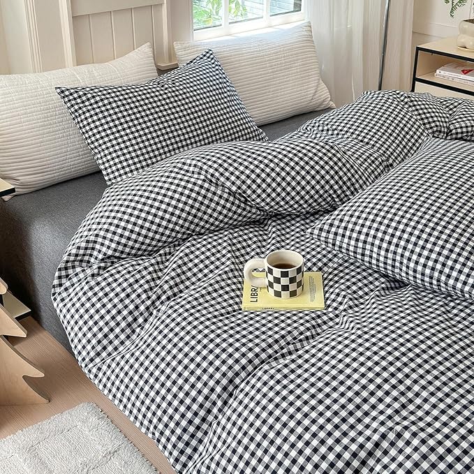 LifeTB Black White Gingham Duvet Cover King 100% Washed Cotton Grid Bedding Set Breathable Soft Comfy 3 Piece Vintage Plaid Checkered Comforter Cover Luxury Gingham Plaid Bedding Set King