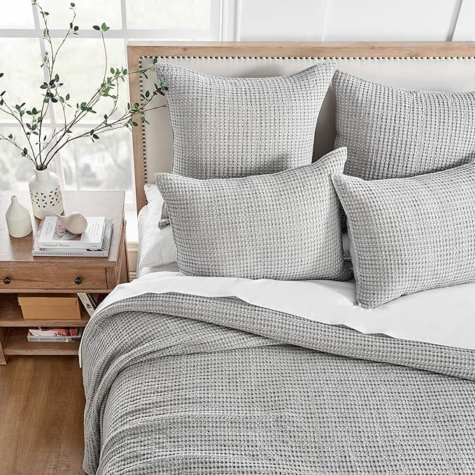 Levtex Home Mills Waffle Queen Bedspread Set (106x106in) with 2 Pillow Shams (26x20in) - Grey - Cotton Waffle Queen Size Bedspread Set - Lightweight, Soft, Pre-Washed