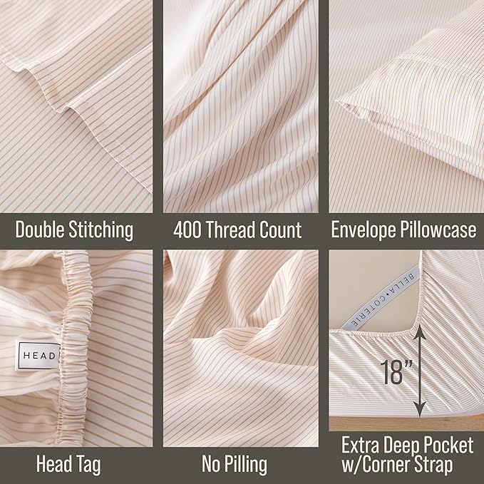 Bella Coterie | Luxury Bamboo Viscose King Size Pillowcase Set | 100% Organically Grown | Ultra Soft | Cooling | 2 Pcs [Striped Dune]