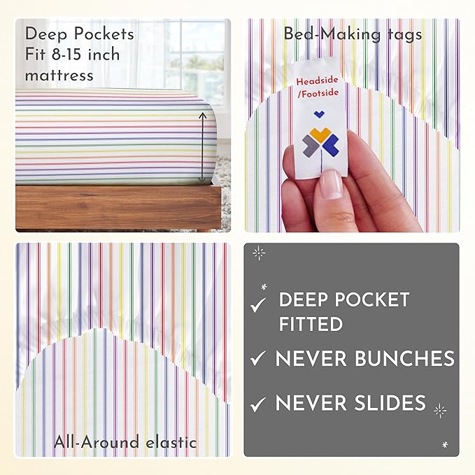 California Design Den Printed Twin XL Sheet Sets - 400 Thread Count Sateen, Natural 100% Cotton Sheets, Deep Pockets, and Durable Bedding Set - Rainbow Striped