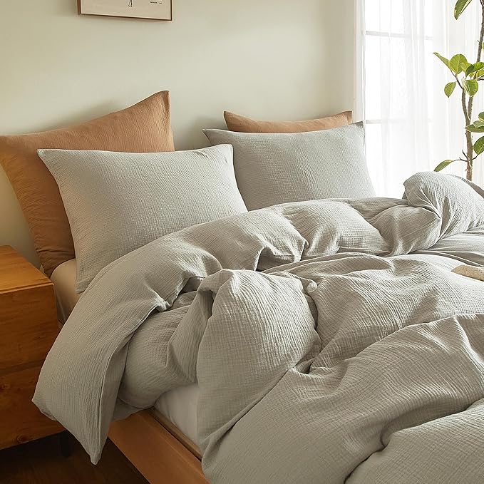 SE SOFTEXLY Muslin Duvet Cover California King Size, 100% Washed Cotton Duvet Cover Set, Ultra Soft Comforter Cover Linen Like, 3 Pieces Gauze Duvet Cover with 2 Pillowcases, 98"x104", Smoky-Green